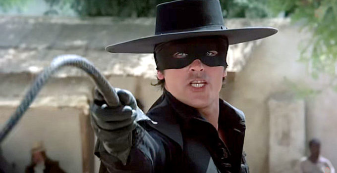 Alain Delon as Zorro, beginning his mission to end tyranny in Nuova Aragona in Zorro (1975)