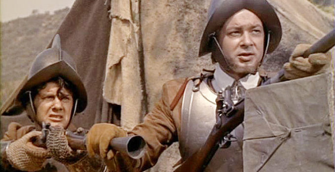 Anthony Dexter as John Smith (right), awaiting an Indian attack in Jamestown in Captain John Smith and Pocahontas (1953)