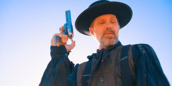 Gary Cairns as Billy, about to put a bullet into Charlotte's husband in Over the Red River (2024)