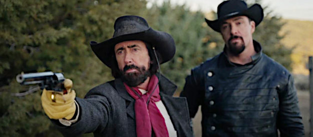 Joe Cornet as Sheriff Kelly and Alexander Nevysky as Ivan Turchaninov, wary of an approaching stranger in Taken from Rio Bravo (2024)