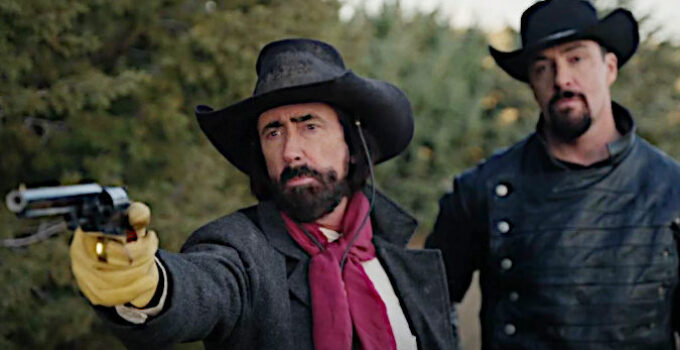 Joe Cornet as Sheriff Kelly and Alexander Nevysky as Ivan Turchaninov, wary of an approaching stranger in Taken from Rio Bravo (2024)