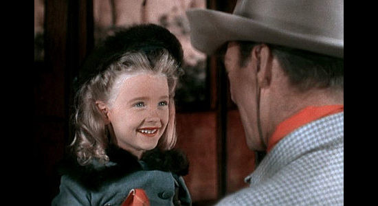 Karolyn Grimes as Myrtle Walton, thrilled to be rescued from a runaway stage by Cole Armin in Albuquerque (1948)