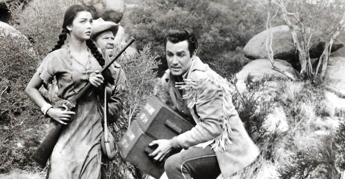 Jani Davi as Keetah, Richard Erdman as Rupe Pardee and Rex Reason as Jess Brady in The Rawhide Trail (1958)