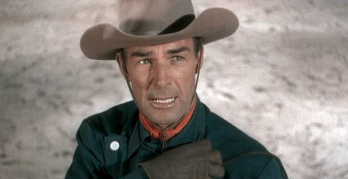 Randolph Scott as Cole Armin, fed up with his Uncle John and his hired thugs in Albuquerque (1948)