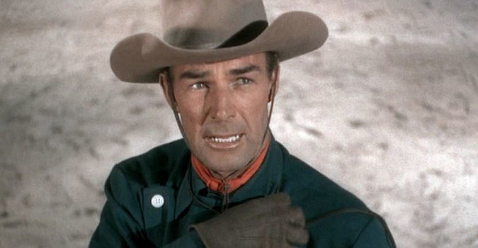 Randolph Scott as Cole Armin, fed up with his Uncle John and his hired thugs in Albuquerque (1948)