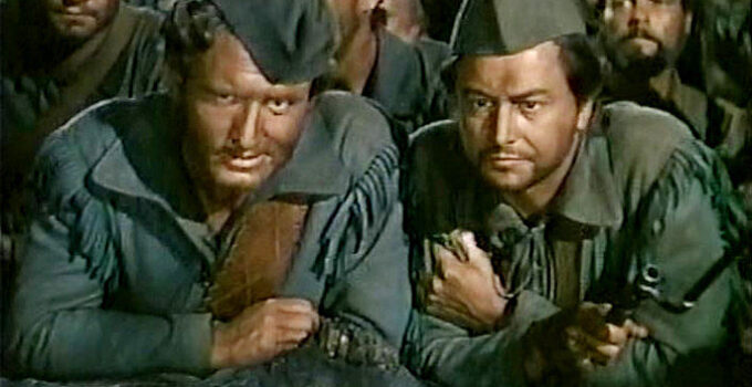 Spencer Tracy as Maj. Robert Rogers and Robertr Young as Langdon Towne, waiting for the attack on the Indian village to begin in Northwest Passage (1940)