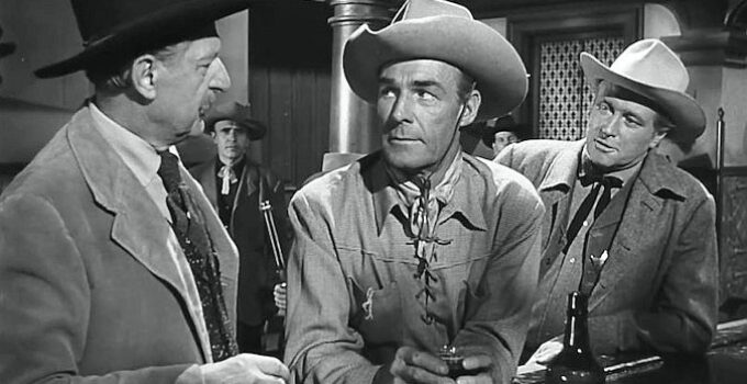 Stanley Andrews as the Coffeyville sheriff with Bill Doolin (Randolph Scott) and Marshal Hughes (George Macready) in The Doolins of Oklahoma (1949)