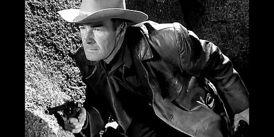 Randolph Scott as Bill Doolin, dodging the law again in The Doolins of Oklahoma (1949)