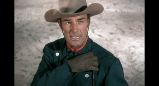 Randolph Scott as Cole Armin, fed up with his Uncle John and his hired thugs in Albuquerque (1948)