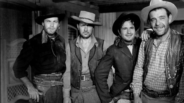 The Dalton brothers -- Alan Curtis as Emmett, Kent Taylor as Bob, Noah Beery Jr. as Ben and Lon Chaney Jr. as Grat -- find purpose and trouble in Skeleton Creek in The Daltons Ride Again (1945)