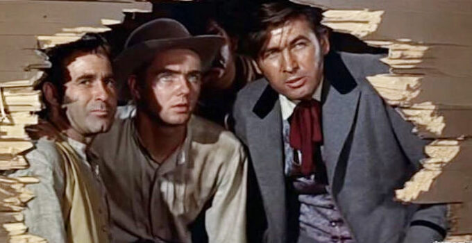 Robert Buffum (Eddie Firestone), William Pittenger (John Lupton) and James J. Andrews (Fess Parker) watch for pursuers in The Great Locomotive Chase (1956)