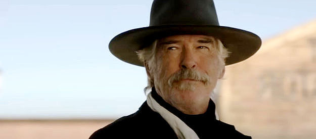 Pierce Brosnan as Sheriff Gabriel Dove, trying to keep peace in Trinity in The Unholy Trinity (2024)