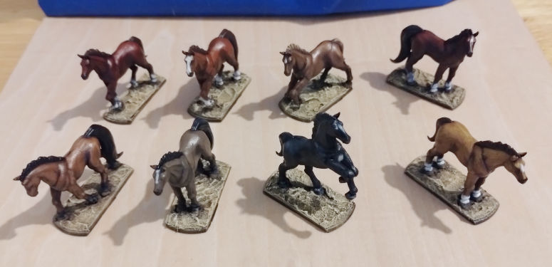 The eight different unsaddled, unbridled 3D printed horses from CreepyHero Studios