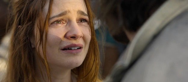 Aisling Franciosi as Trisha Van Ness, begging to know why Elias Teller lied to her in The Abandons (2025)