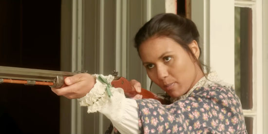 Olivia Olson as Sadie O'Leary, defending her father when William Teller comes calling in Teller's Camp (2023)