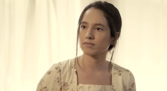 Paula Luelmo as Rebecca Falcon, listening to her daughter talk about God's avengers during dinner in Vengeance Turns (2023)