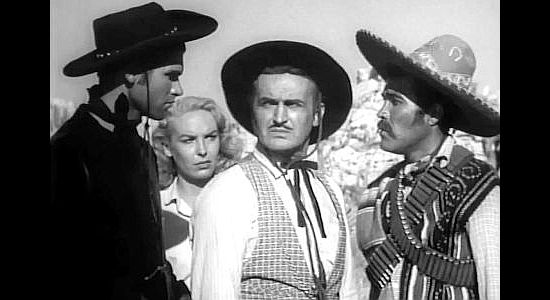 Gang members Slade (left, Al Adamson) and Wesson (Gene Sterling) in a disagreement with El Chato (Don Carlos) as Joanne (Shirley Tegge) looks on in Half Way to Hell (1960)