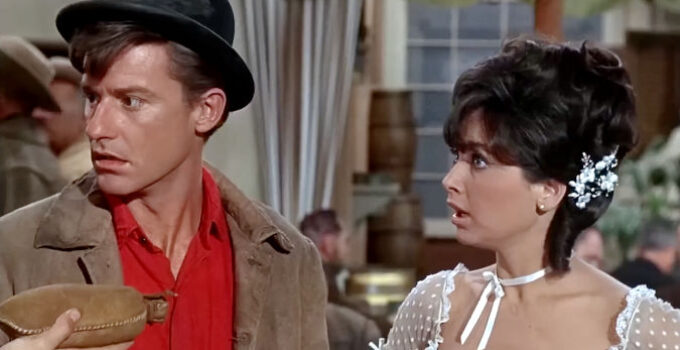 Rodddy McDowall as Bullwhip Griffin and Suzanne Pleshette as Arabella Flagg in The Adventures of Bullwhip Griffin (1967)