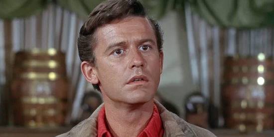 Roddy McDowell as Bullwhip Griffin, shocked to spot Arabella singing in a saloon in The Adventures of Bullwhip Griffin (1967)