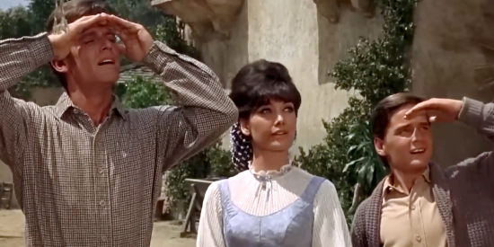 Suzanne Pleshette as Arabella, thrilled to learn Bullwhip Griffin (Roddy McDowall) has a jealous streak in The Adventures of Bullwhip Griffin (1967)