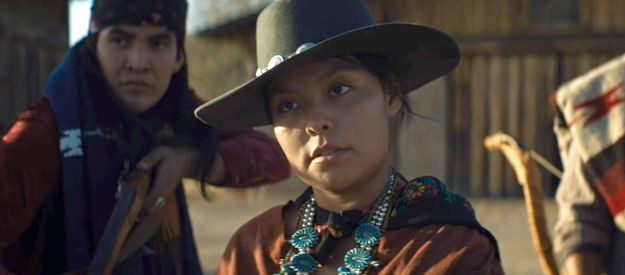 Sage Nicole Hemstreet as the female leader of a Navajo band who have taken over Fort Defiance in The War Between (2025)