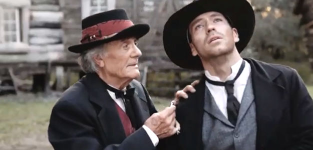 Terry Kiser as the Stranger and Jesse Kove as Silas Johnson in A Gunfighter's Deal (2025)