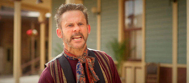 Dominic Monaghan as Ned Duxbury, trying to keep Dulce from running off with Marcus Dollar in Long Shadows (2025)