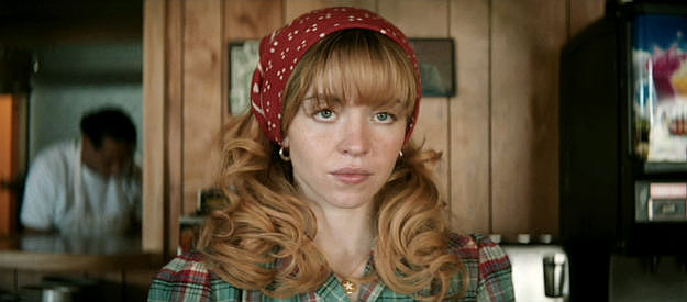 Sydney Sweeney as Penny Jo, a waitress listening to Left Ledbetter rehearse his marriage proposal in Americana (2023)