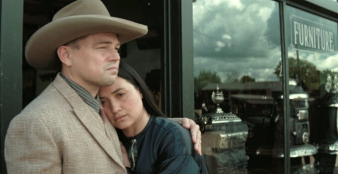Leonardo DiCaprio as Ernest Burkhart and Lily Gladstone as his wife Mollie in Killers of the Flower Moon (2023)