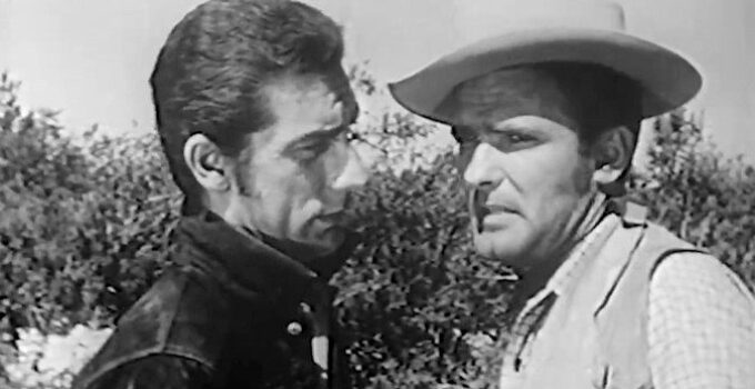 Richard Devon as Kirk Flamer tries to talk friend Clint Rust out of a showdown with a cold-blooded killer in Scorching Fury (1952)